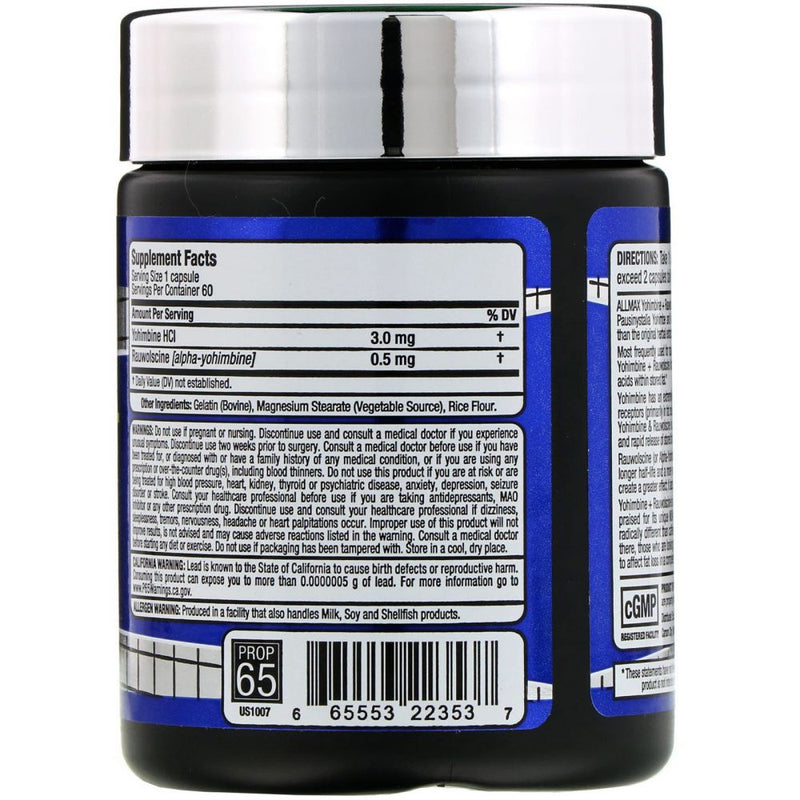 Yohimbine HCl + Rauwolscine, 3,0 mg, 60 teste Cápsulas Allmax Nutrition